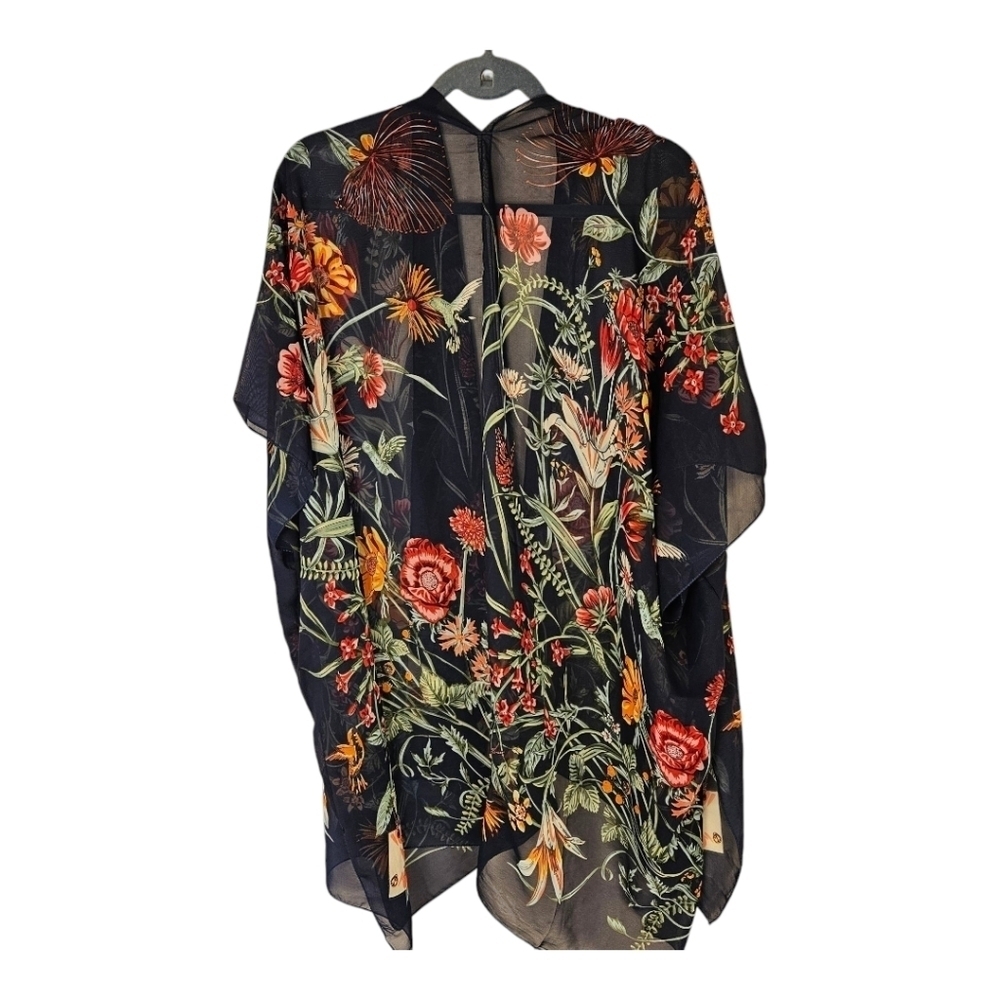 Bohemian Kimono Shawl navy floral bathing suit coverup wrap beach boho d… - Picture 2 of 2